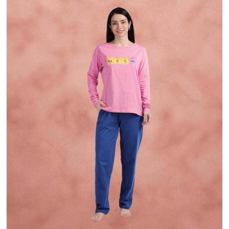 Shyaway Plumeria Navy Full Sleeve T-Shirt with Pajama (2XL)