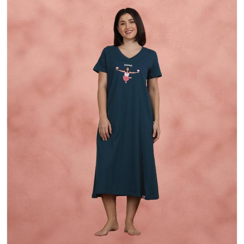Shyaway Majolica Blue Printed Sleep Night Dress (M)