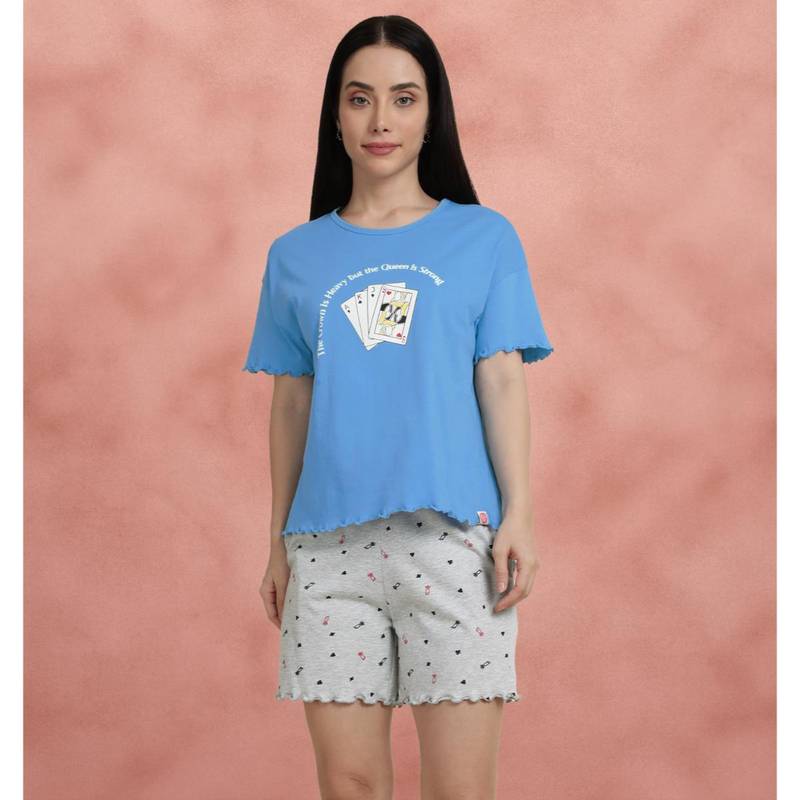 Shyaway Blue Decorative Hem Cozy T-Shirt with Shorts (2XL)