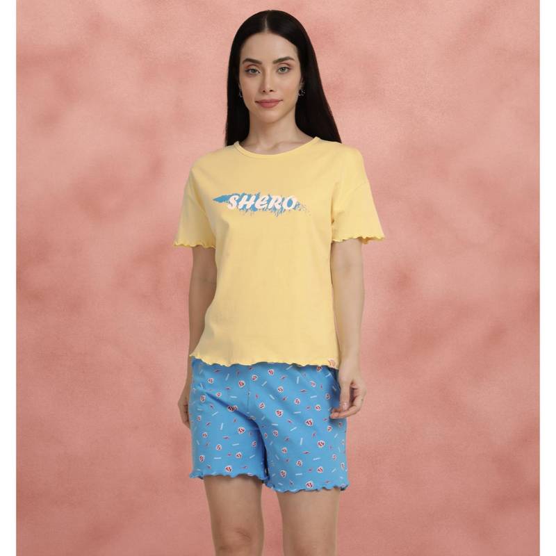 Shyaway Yellow Decorative Hem Cozy T-Shirt with Shorts (2XL)