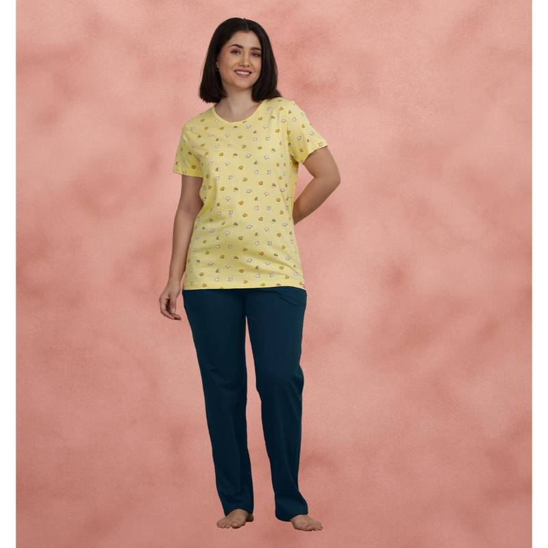 Shyaway Yellow Contrast Bottom Printed T-Shirt with Pajama (2XL)