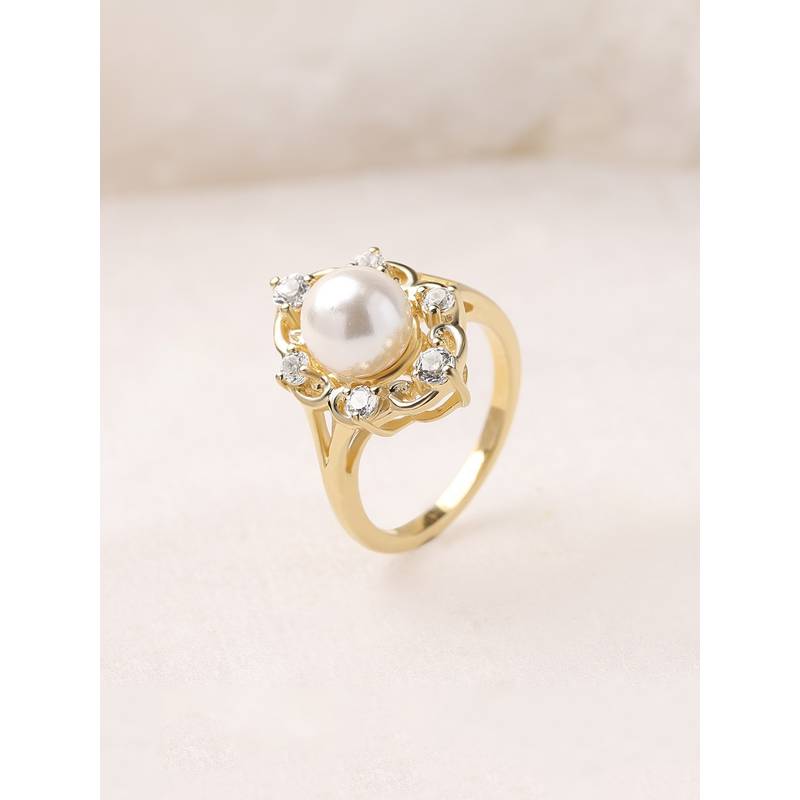 Ornate Jewels 925 Silver Yellow Gold Round Shell Pearl Ring for Women for Women & Girls (10)