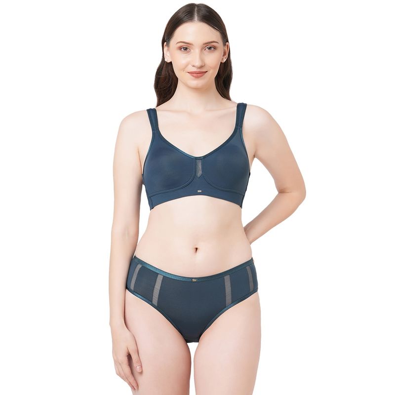 SOIE Women's Minimiser Non-Padded Non-Wired Bra With High Waist Panty Blue (Set of 2) (34C)