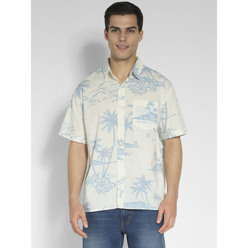 American Eagle Men White Tropical Button-Up Poolside Shirt (L)