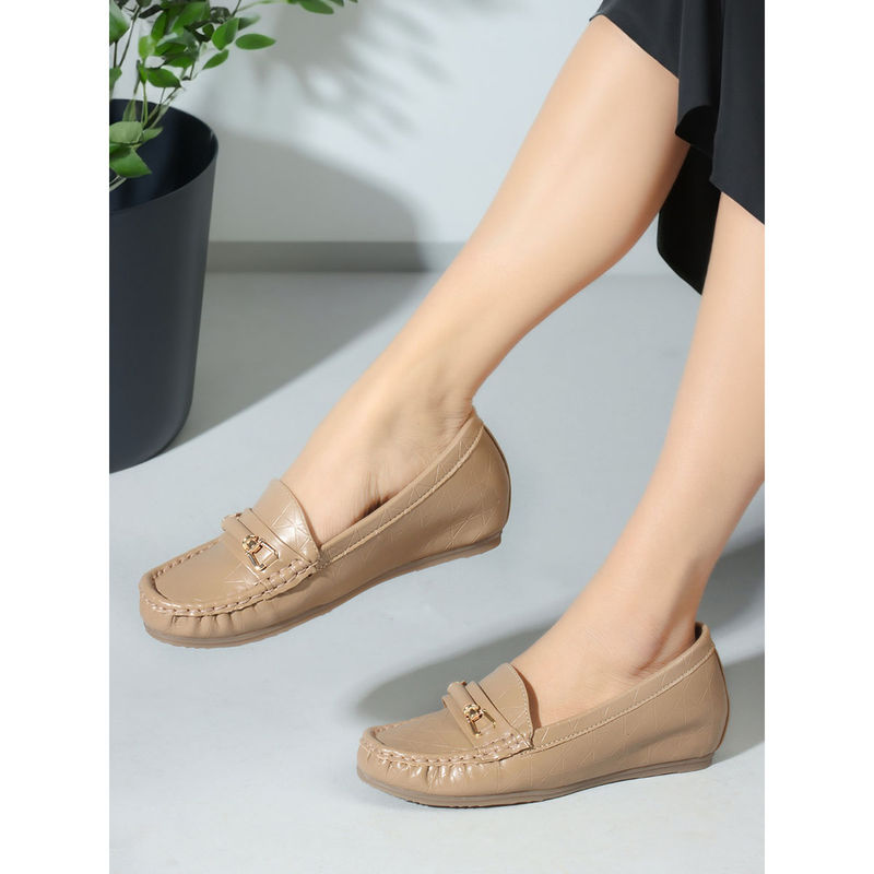 Carlton London Beige Slip-On Textured Women Loafers (EURO 36)