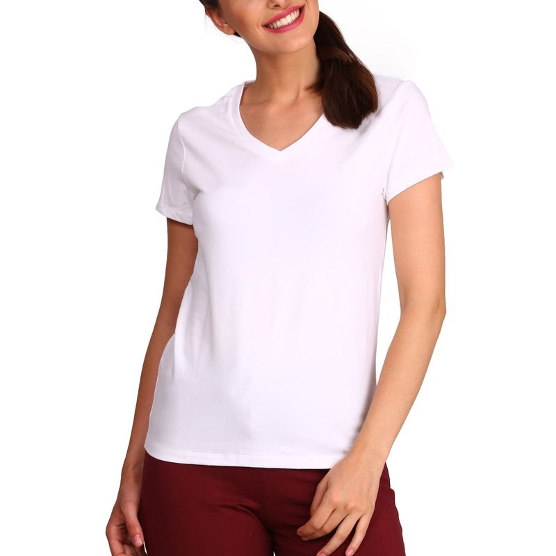 Jockey 1359 Women Super Combed Cotton Elastane Solid V Neck T-Shirt - White (M)