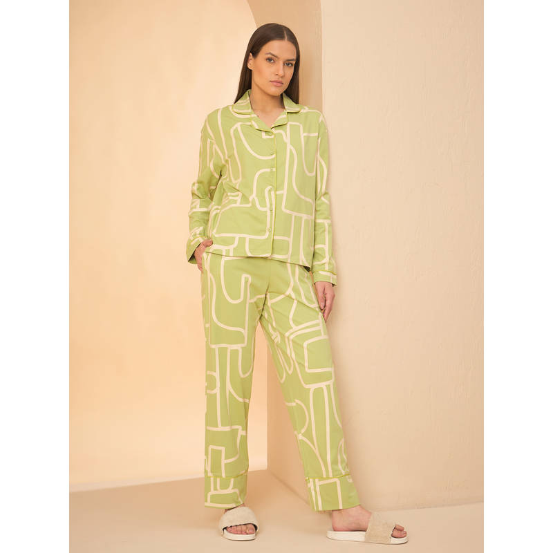 Sweet Dreams Women Green Geometric Print Shirt and Pyjama (XL)