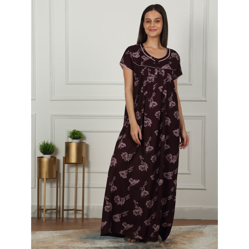 Sweet Dreams Women Maroon Floral Printed Full Length Night Dress (XL)