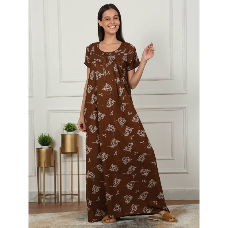 Sweet Dreams Women Brown Floral Printed Full Length Night Dress (L)
