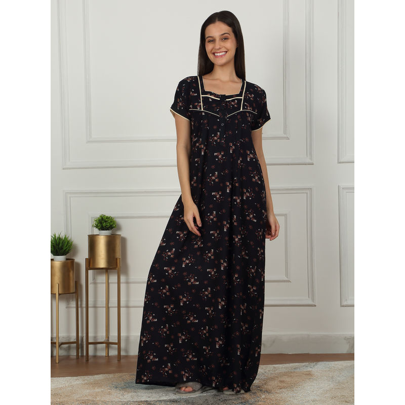 Sweet Dreams Women Dark Navy Blue Printed Full Length Night Dress (XL)