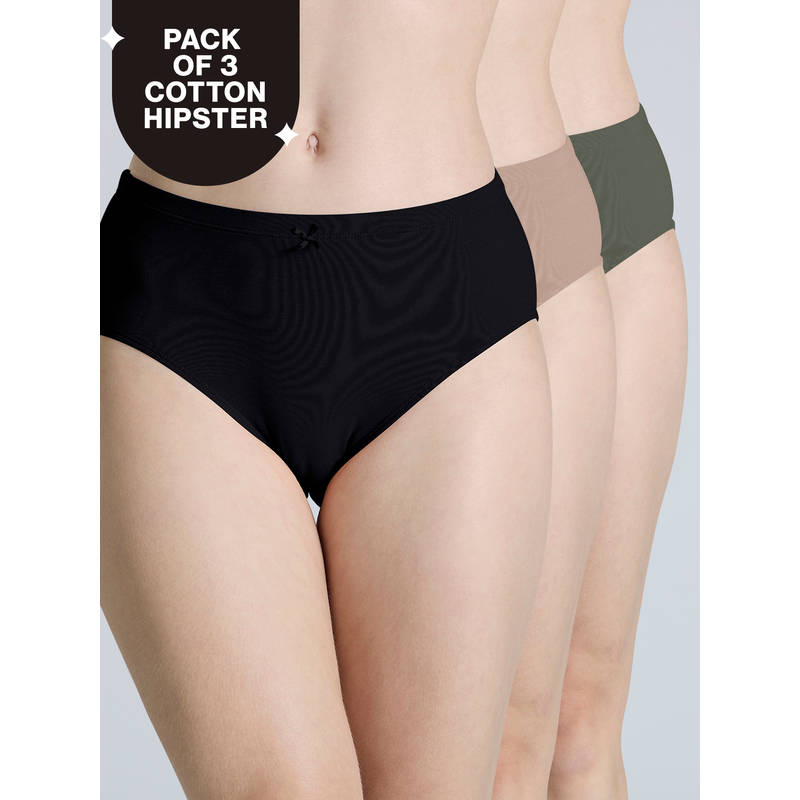 PO3 Mid Rise Cotton Hipster Panty with Outer Elastic-Jet Black,Taupe,Green-NYP391 (S)