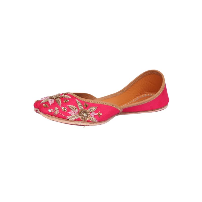 KURRBAT Outbloom Pink Juttis with Golden Zardosi Flowers and Dabka Work (EURO 35)