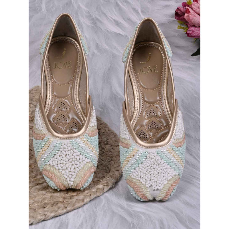 Jove Women Cream Embellished Mojaris (EURO 36)