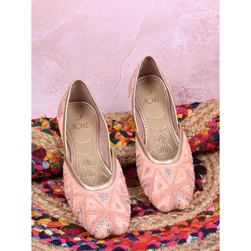 Jove Women Pink Embellished Mojaris (EURO 36)