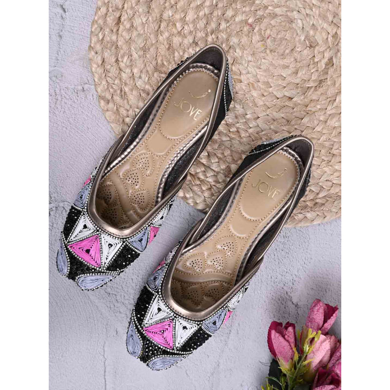 Jove Women Black Gold Embellished Mojaris (EURO 37)