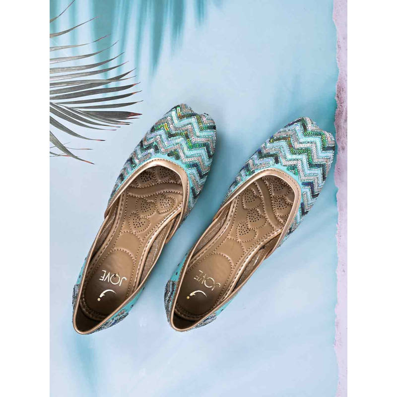 Jove Women Aqua Blue Embellished Mojaris (EURO 36)