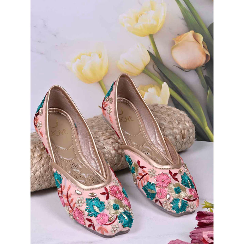 Jove Women Pink Embroidered Mojaris (EURO 36)