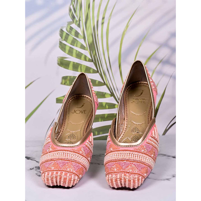 Jove Women Pink Embellished Mojaris (EURO 38)