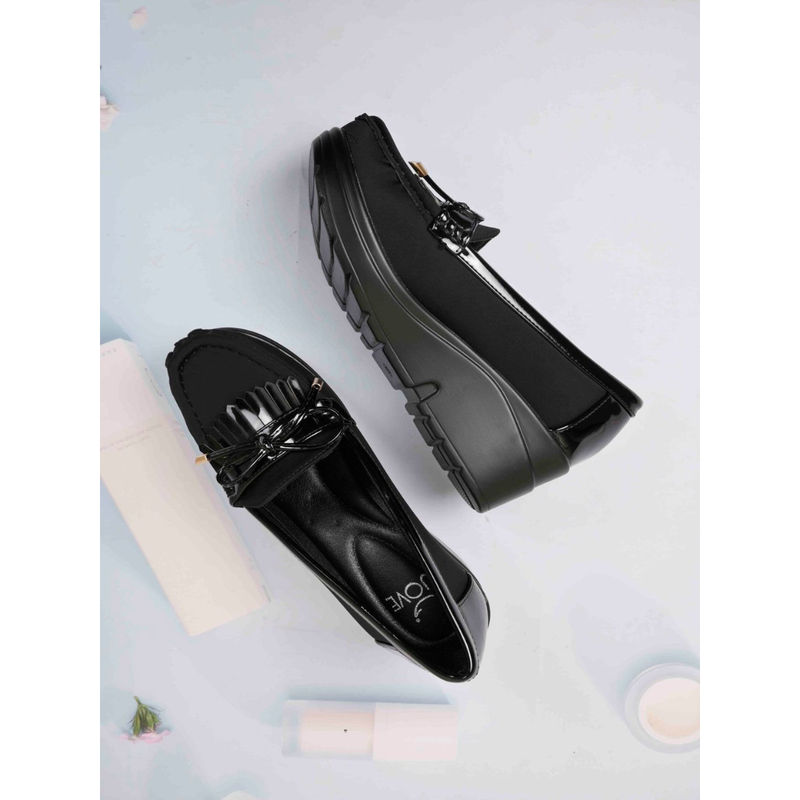 Jove Women Black Solid Platform Loafers (EURO 39)