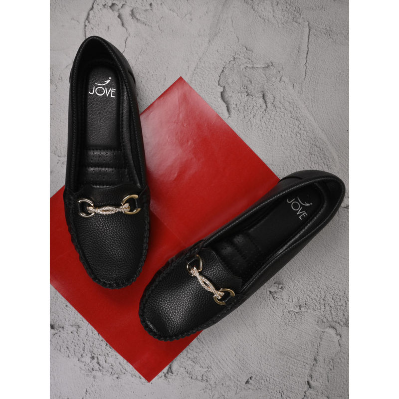 Jove Women Black Textured Loafers (EURO 37)