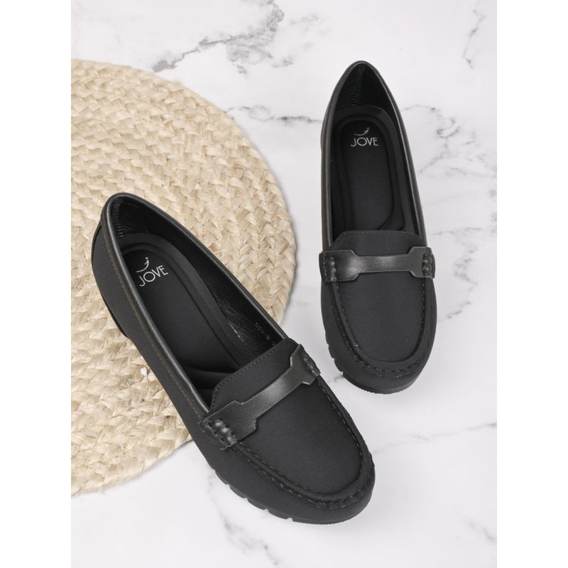 Jove Women Dark Black Solid Wedge Heel Loafers (EURO 41)