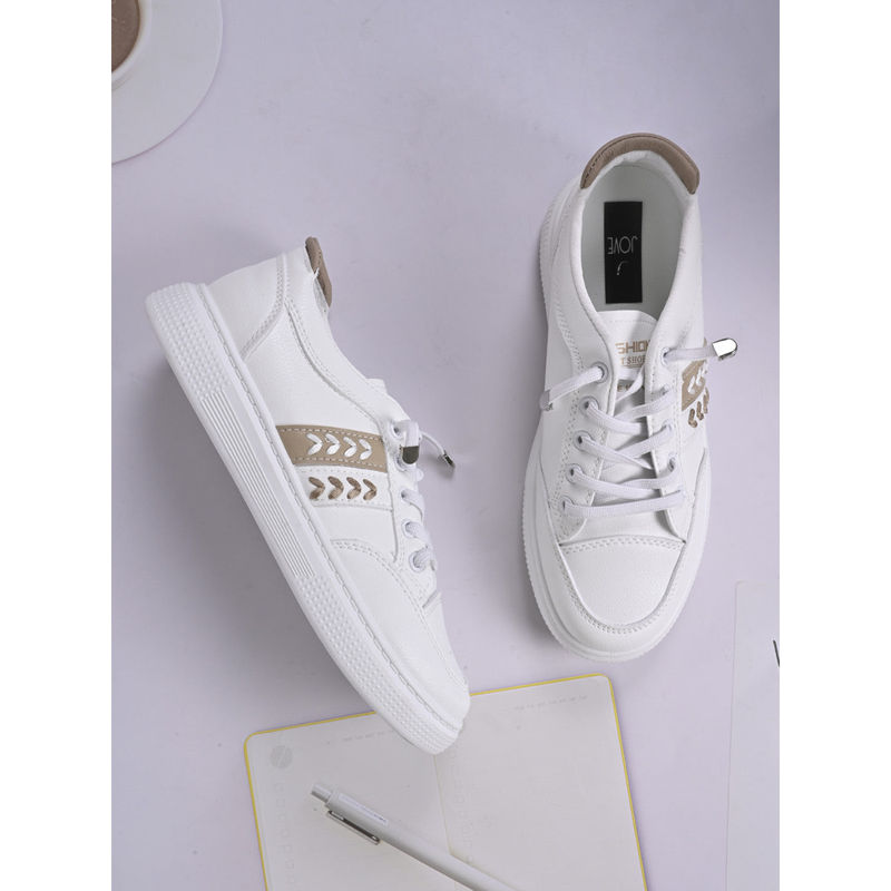 Jove Women White & Khaki Embroidered Sneakers (EURO 36)