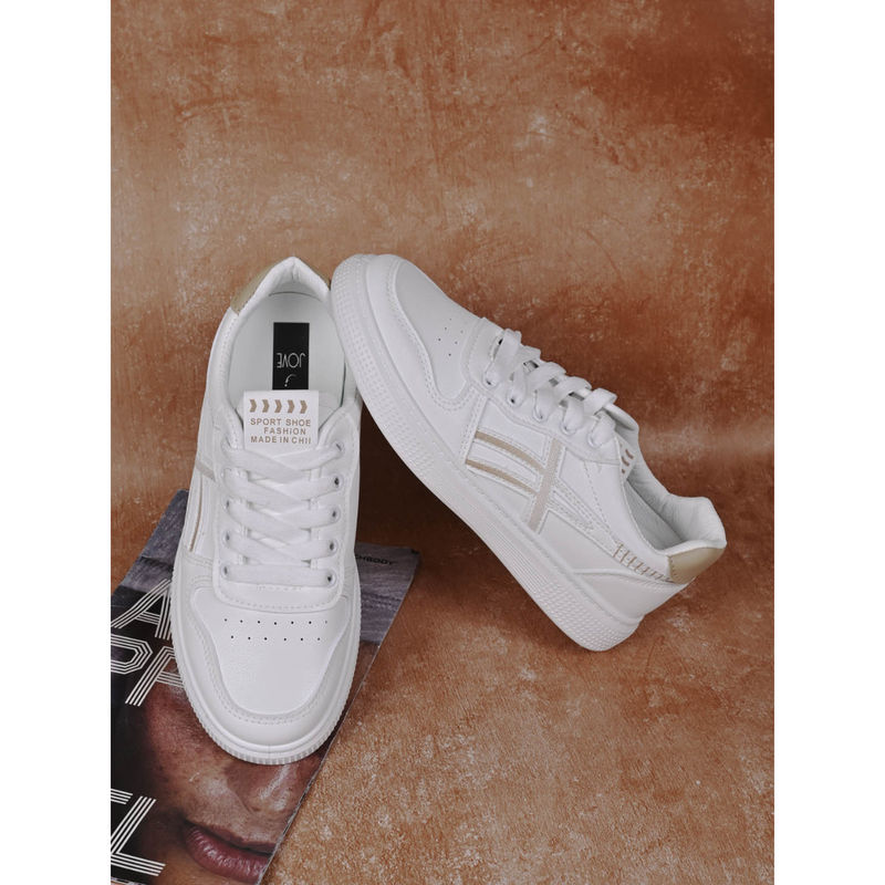 Jove Women White & Khaki Printed Sneakers (EURO 36)