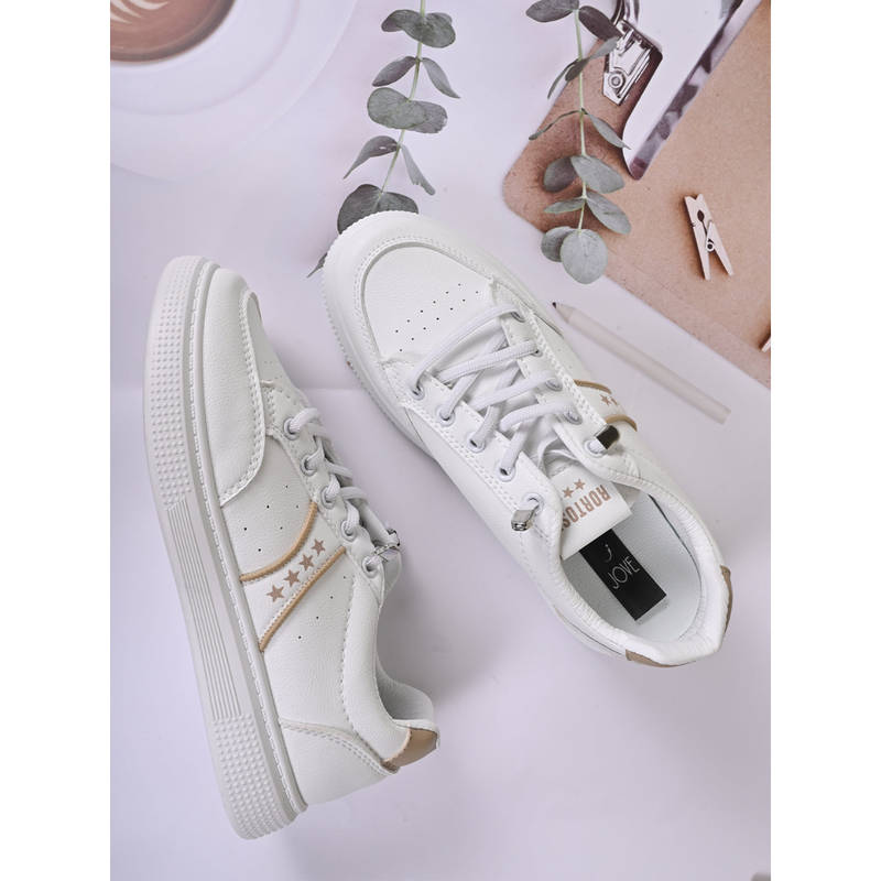Jove Women White & Khaki Printed Sneakers (EURO 36)
