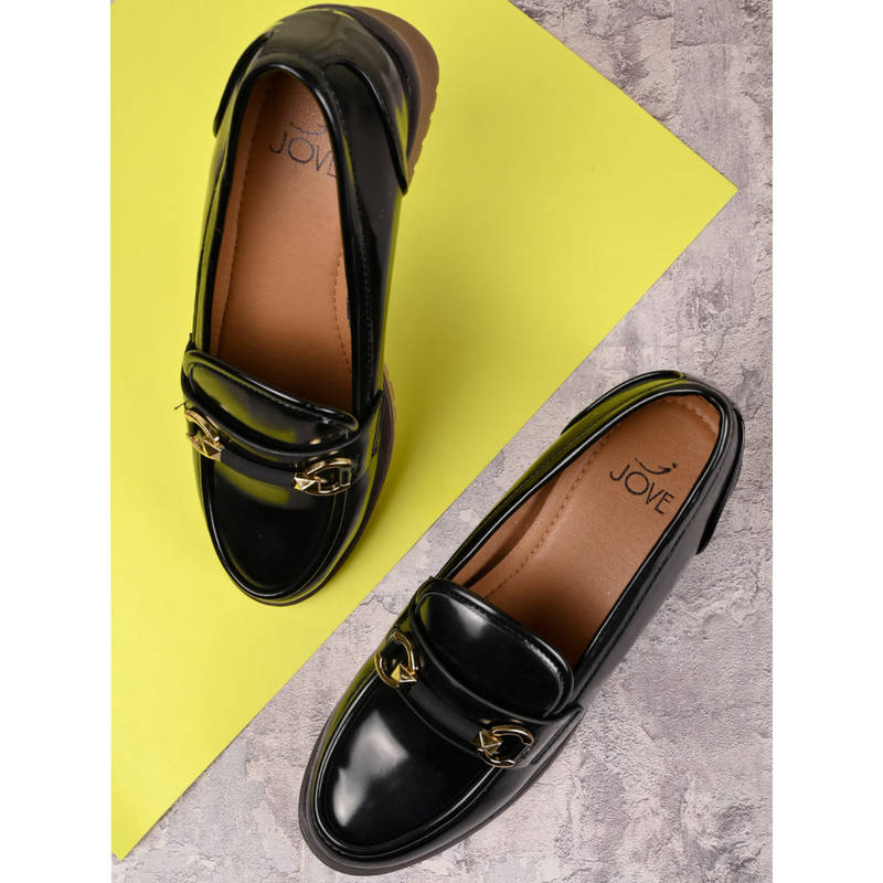 Jove Women Black Shinny Block Heel Loafers (EURO 36)