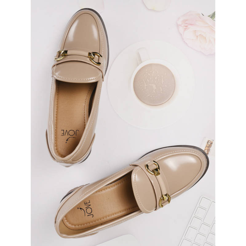 Jove Women Beige Solid Block Heel Loafers (EURO 41)