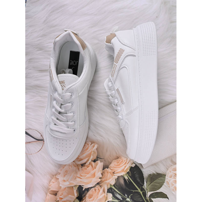 Jove Women White & Khaki Solid Sneakers (EURO 37)