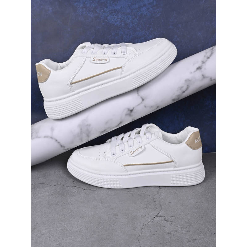 Jove Women White & Khaki Solid Sneakers (EURO 36)