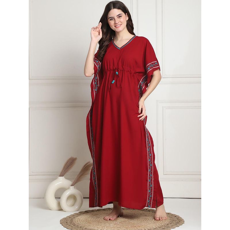 Buy Secret Wish Solid Red Cotton Kaftan Nighty Online