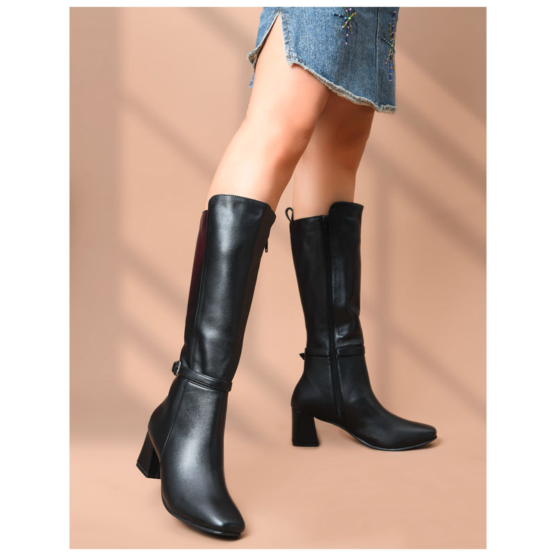 SHUZ TOUCH Black Calf-Length Block Heel Boots for Women (EURO 34)