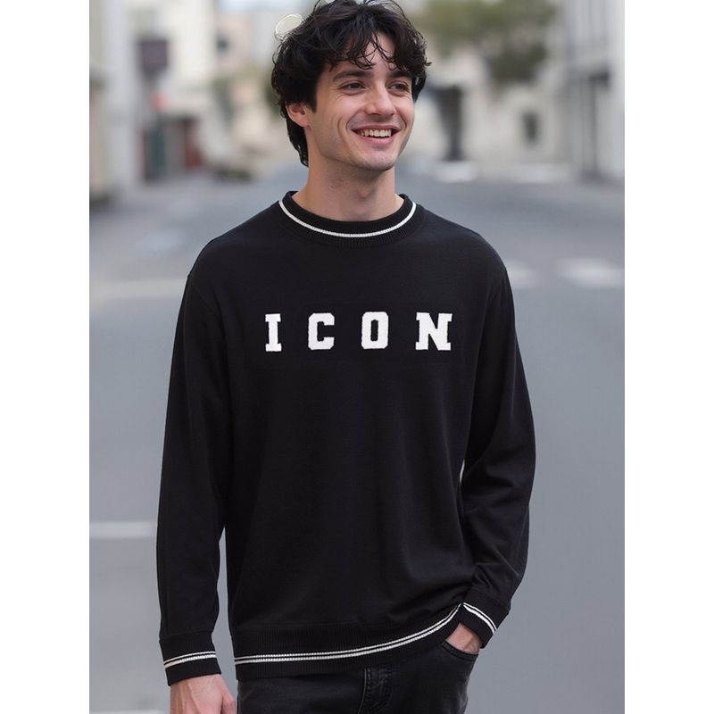 Bewakoof Men's Jet Black Icon Typography Oversized Sweater (XL)