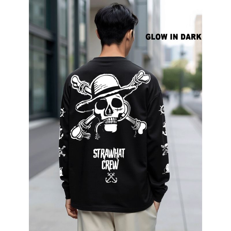 Bewakoof Official One Piece Men's Black Mugiwara Crew Graphic Printed Oversized T-shirt (L)