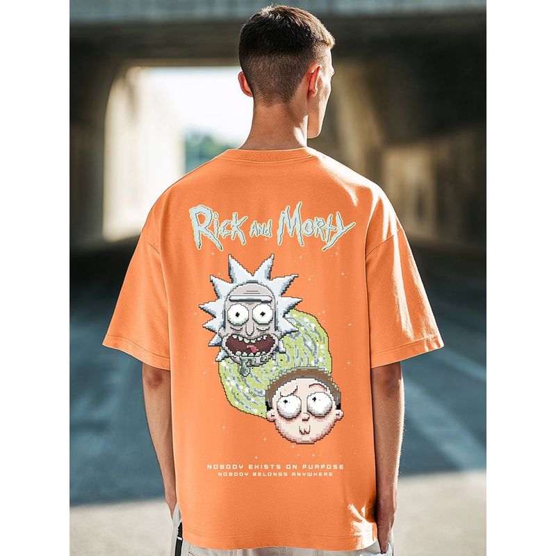 Bewakoof Men's Orange Bit Rick & Morty Graphic Printed Oversized T-shirt (S)