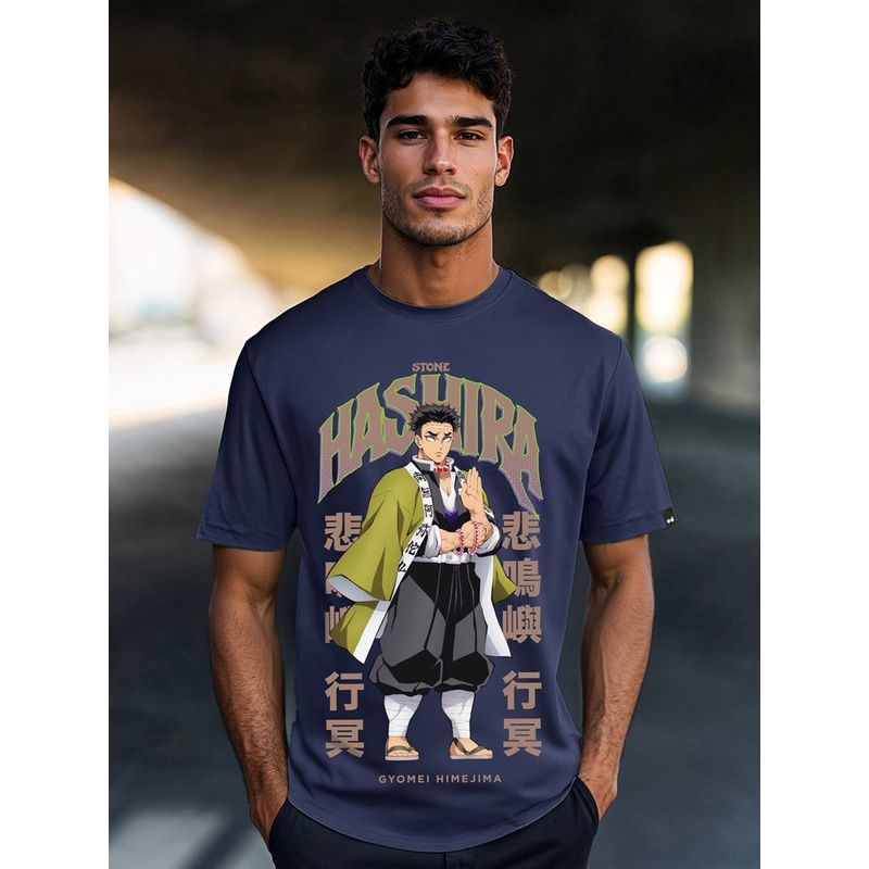 Bewakoof Official Demon Slayer Men's Navy Blue Gyomei Stone Hashira Graphic Printed T-shirt (S)