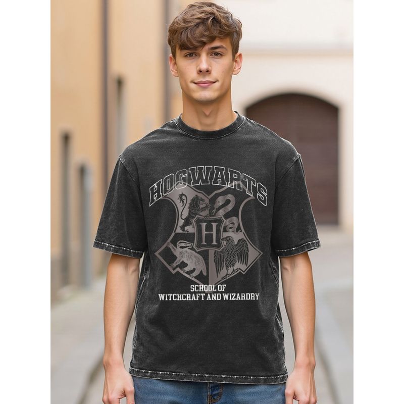 Bewakoof Official Harry Potter Men's Black Seeker Typography Oversized Acid Wash T-shirt (M)