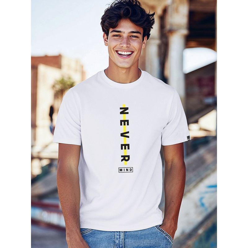 Bewakoof Men's White Never Mind Stripe Typography T-shirt (L)