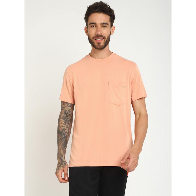 Guess Men Peach Solid Round Neck Short Sleeves T-Shirt (XS)