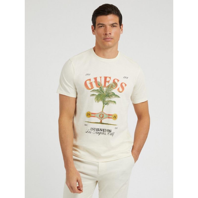 Guess Men Cream Printed Round Neck Short Sleeves T-Shirt (M)