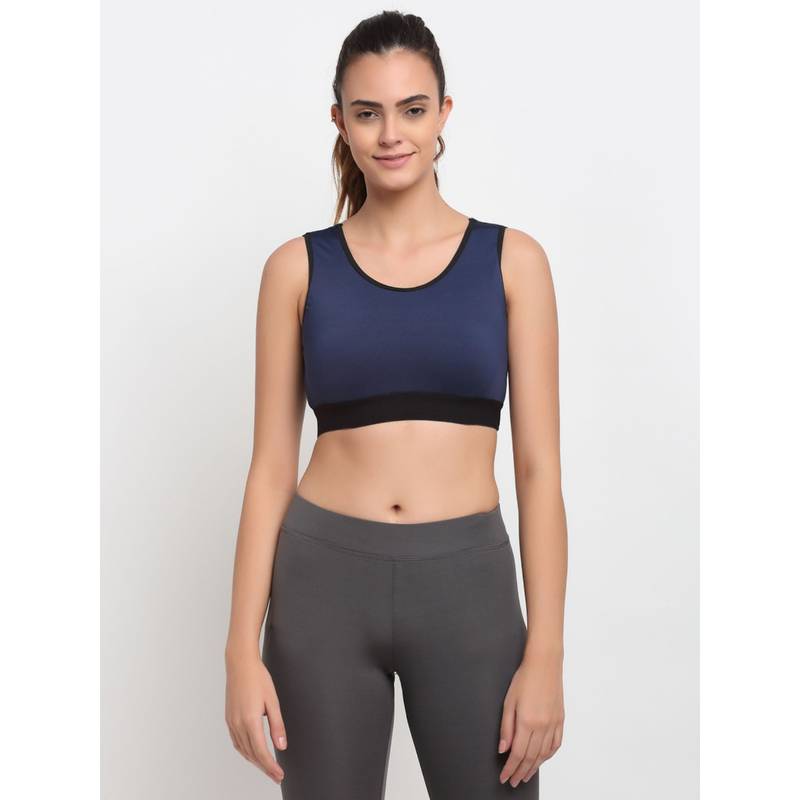 AOBA Women Navy Blue Solid Workout Bra - Non-Wired Removable Padding (L)