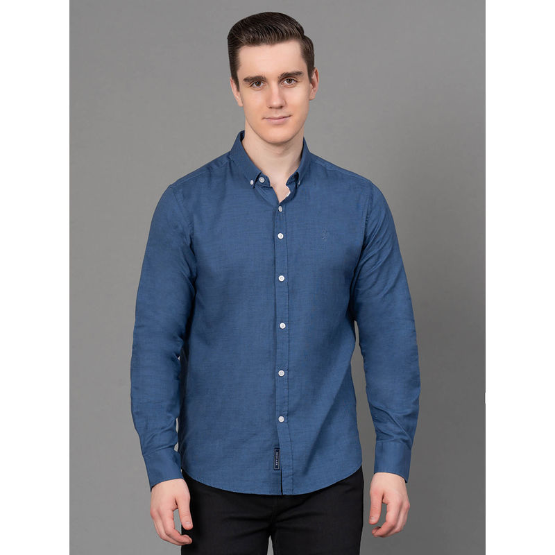 Red Tape Stone Navy Blue Solid Cotton Canvas Mens Full Sleeve Shirt (S)