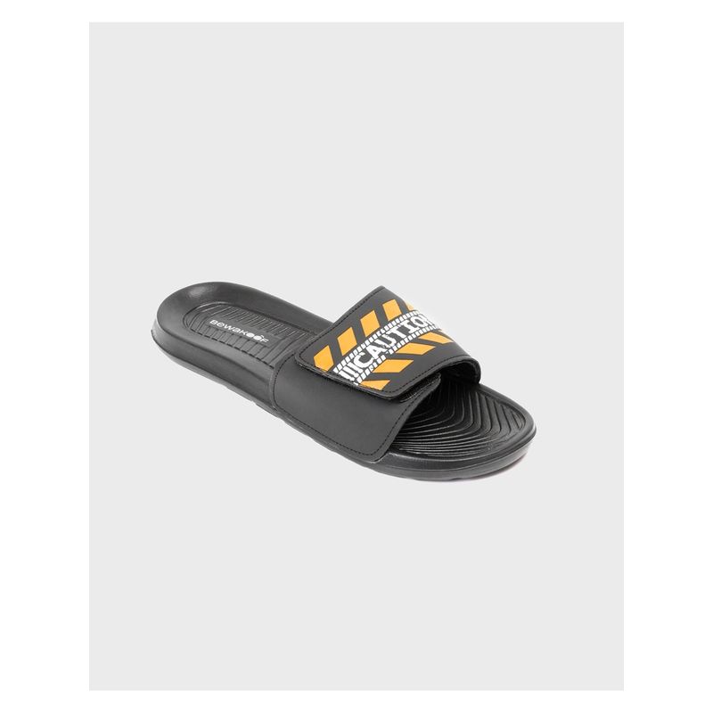 Bewakoof Men's Black Caution Printed Velcro Sliders (UK 6)