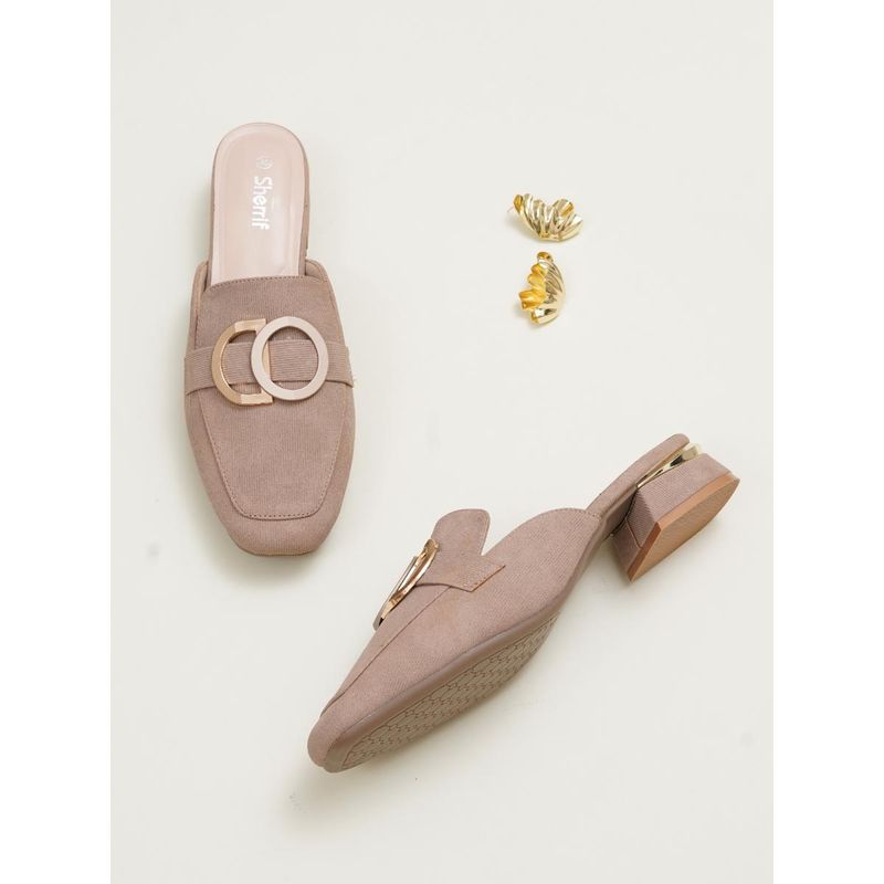 Sherrif Shoes Womens Buckle Detail Lightweight Suede Block Heel Mules - Beige (EU 34)