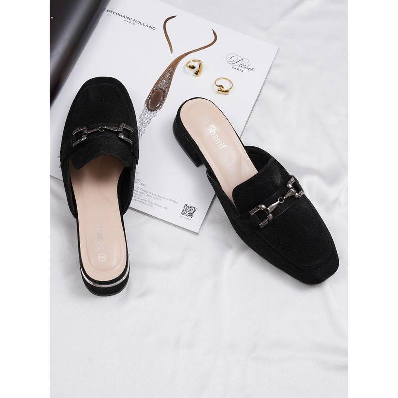 Sherrif Shoes Womens Buckle Detail Lightweight Suede Block Heel Mules - Black (EU 37)