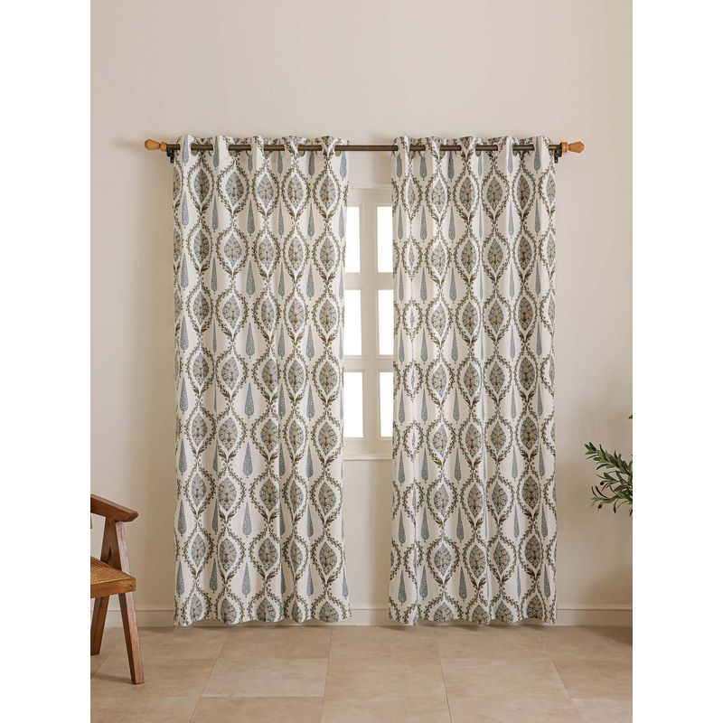 The Home Story White Vintage Floral Duck Cotton Eyelet Window Curtains (Pack Of 2) (5 Feet)