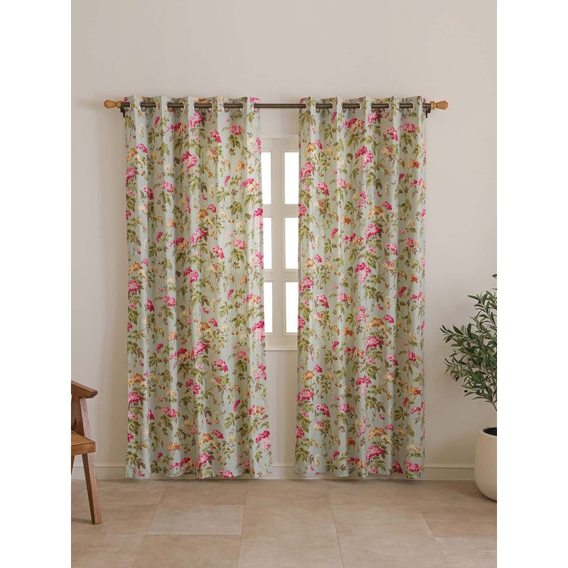 The Home Story Green English Garden Duck Cotton Eyelet Window Curtains (Pack Of 2) (5 Feet)