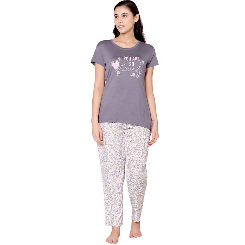Bodycare Womens Modal Spandex Printed T-Shirt & Pyjama BSLS15008 Grey (Set of 2) (M)